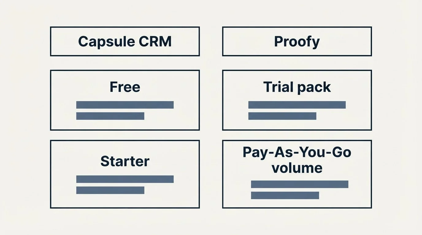 Pricing table: Pricing Comparison (Capsule CRM, Proofy, Free, Trial pack)