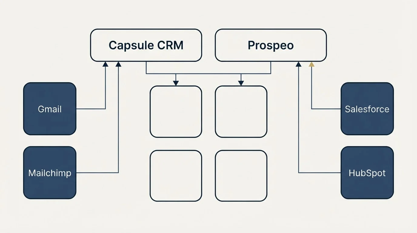 Integration grid: Integration Ecosystem (Capsule CRM, Prospeo, Gmail, Salesforce)