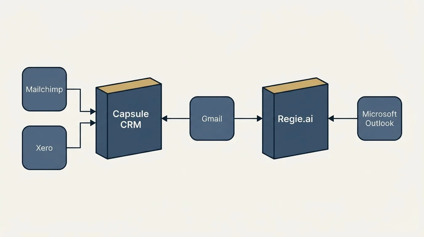 Integration flow: Integration Ecosystem (Capsule CRM, Regie.ai, Gmail, Mailchimp)