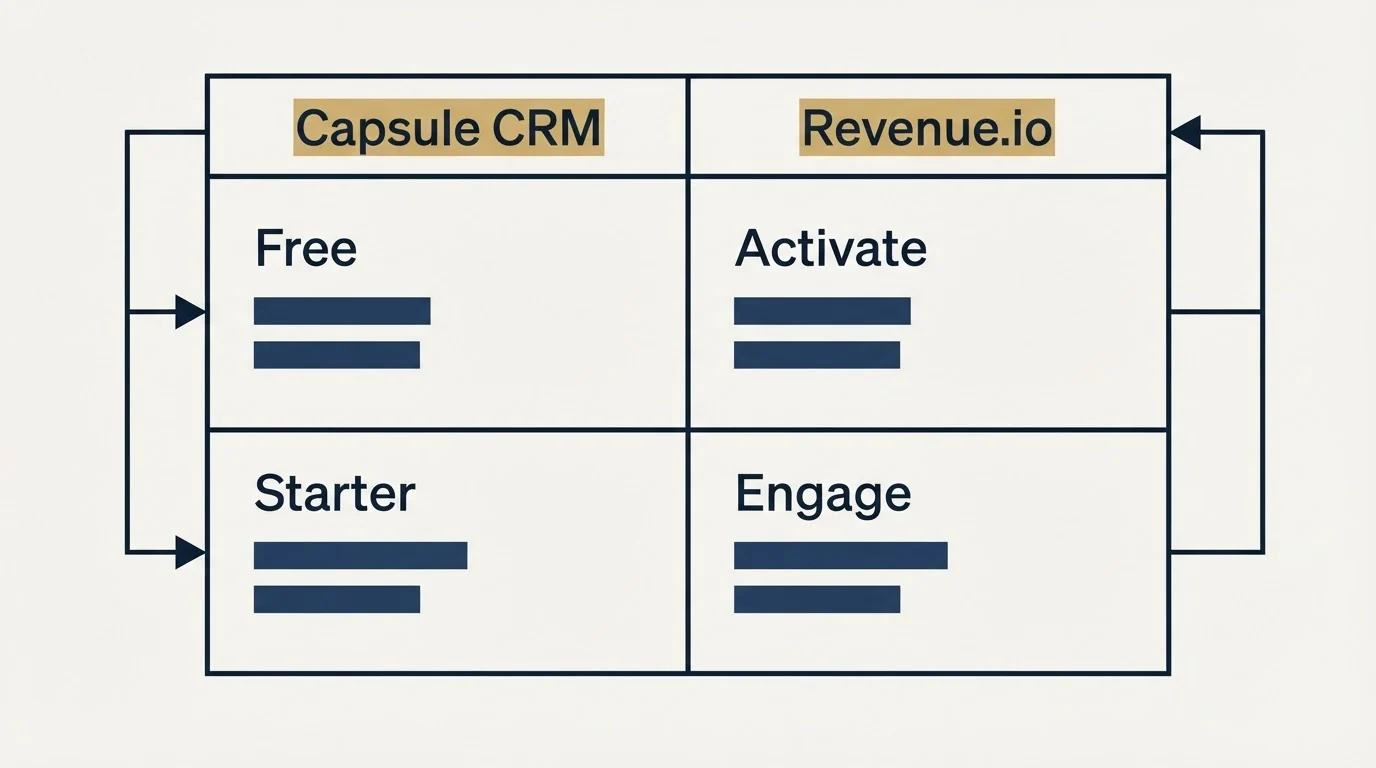 Pricing table: Pricing Comparison (Capsule CRM, Revenue.io, Free, Activate)
