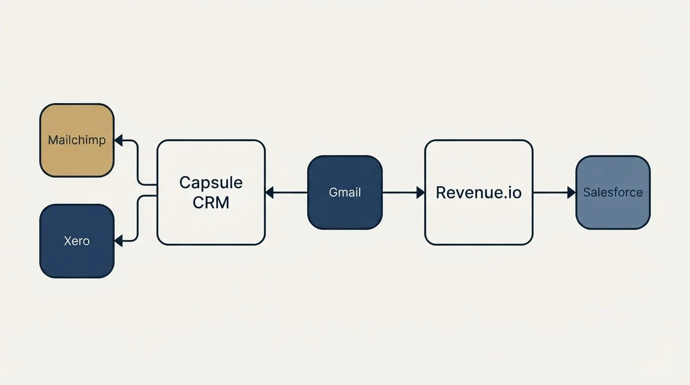 Integration schematic: Integration Ecosystem (Capsule CRM, Revenue.io, Gmail, Mailchimp)