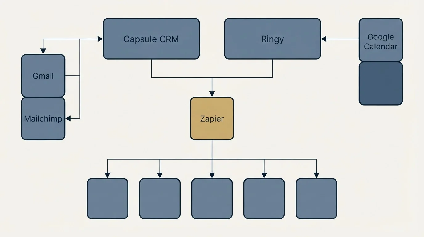 Integration grid: Integration Ecosystem (Capsule CRM, Ringy, Zapier, Gmail)