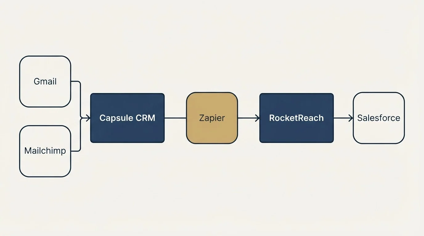 Integration schematic: Integration Ecosystem (Capsule CRM, RocketReach, Zapier, Gmail)
