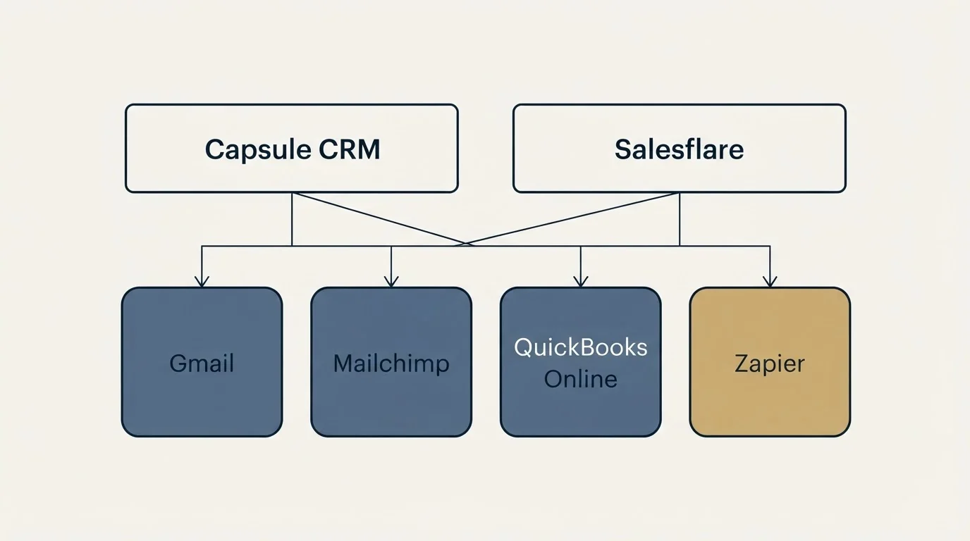 Integration grid: Integration Ecosystem (Capsule CRM, Salesflare, Gmail, Mailchimp)