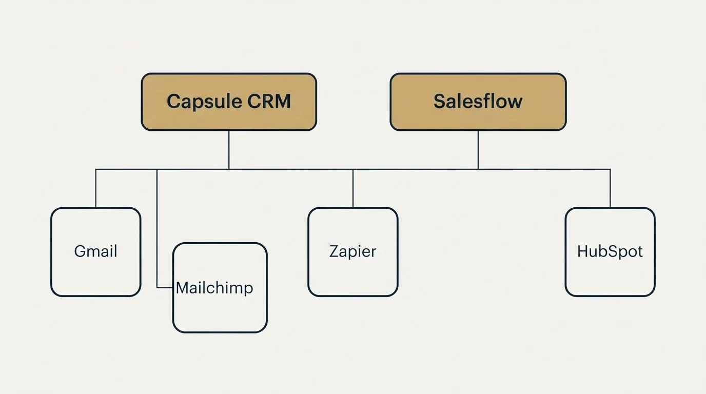 Integration grid: Integration Ecosystem (Capsule CRM, Salesflow, Zapier, Gmail)