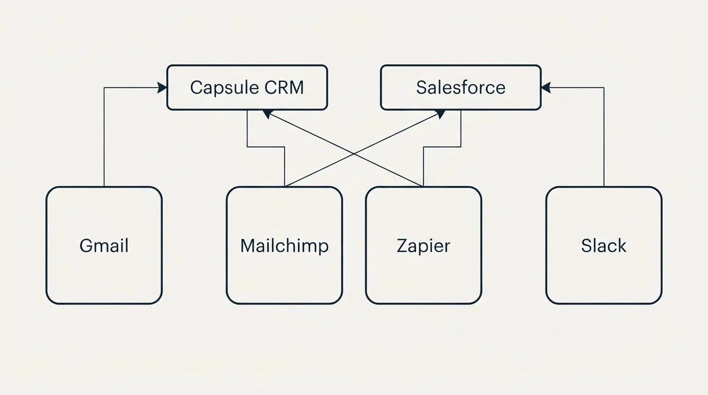 Integration grid: Integration Ecosystem (Capsule CRM, Salesforce, Mailchimp, Zapier)