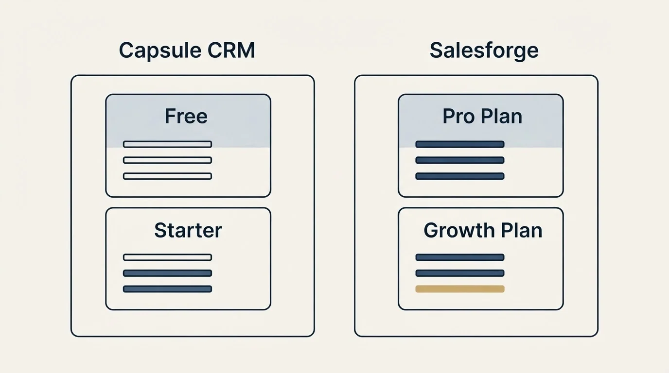 Pricing panels: Pricing Comparison (Capsule CRM, Salesforge, Free, Pro Plan)