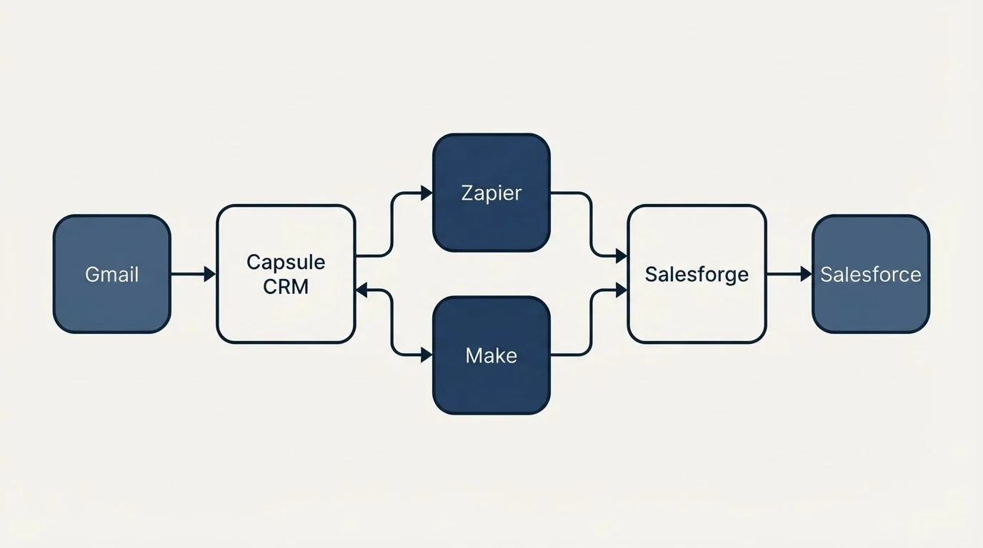 Integration schematic: Integration Ecosystem (Capsule CRM, Salesforge, Zapier, Make)