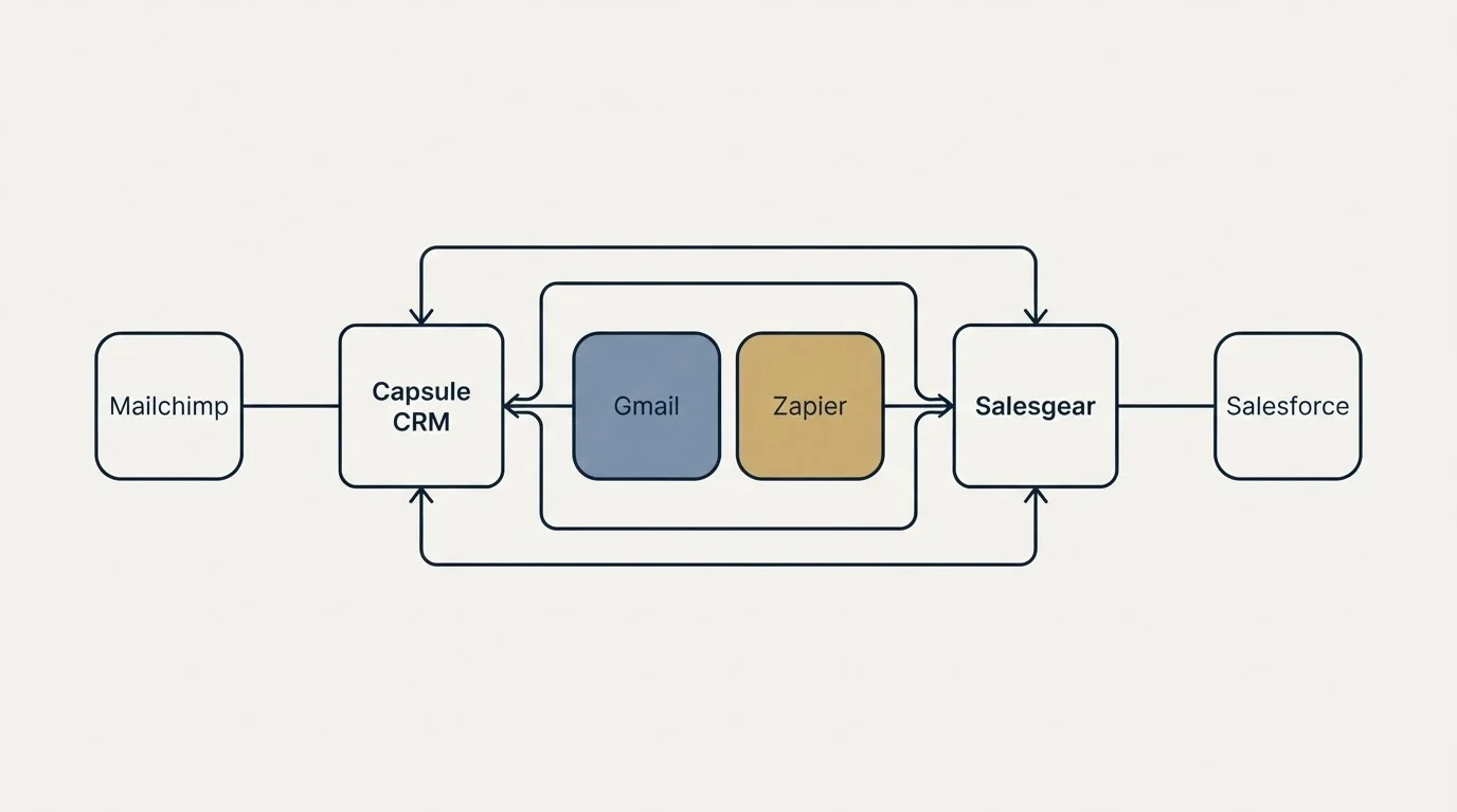 Integration schematic: Integration Ecosystem (Capsule CRM, Salesgear, Gmail, Zapier)