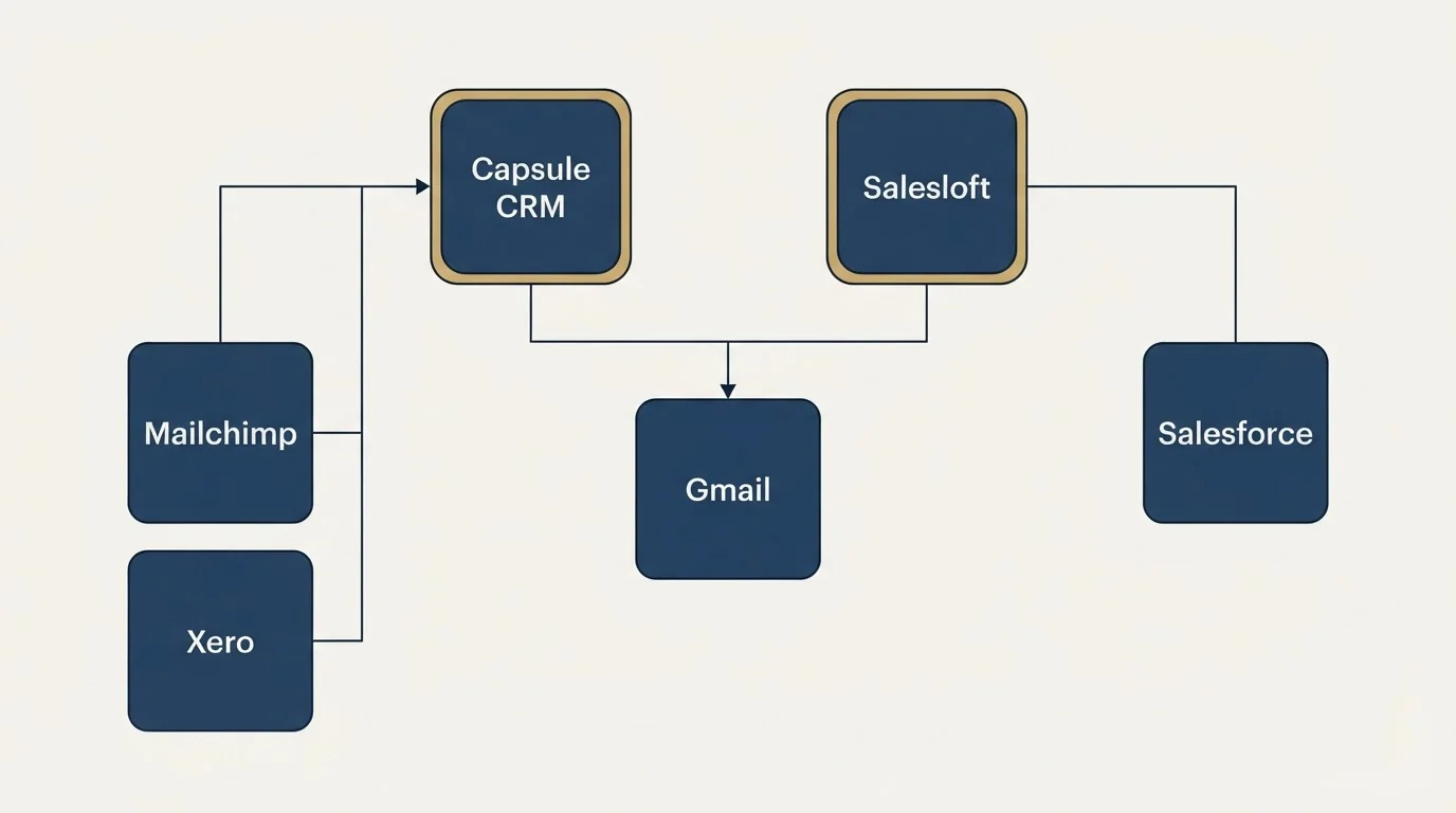 Integration grid: Integration Ecosystem (Capsule CRM, Salesloft, Gmail, Mailchimp)