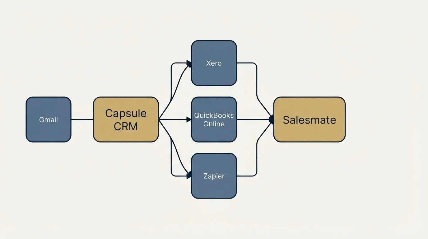 Integration schematic: Integration Ecosystem (Capsule CRM, Salesmate, Xero, QuickBooks Online)