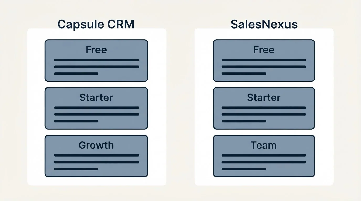 Pricing panels: Pricing Comparison (Capsule CRM, SalesNexus, Free, Starter)