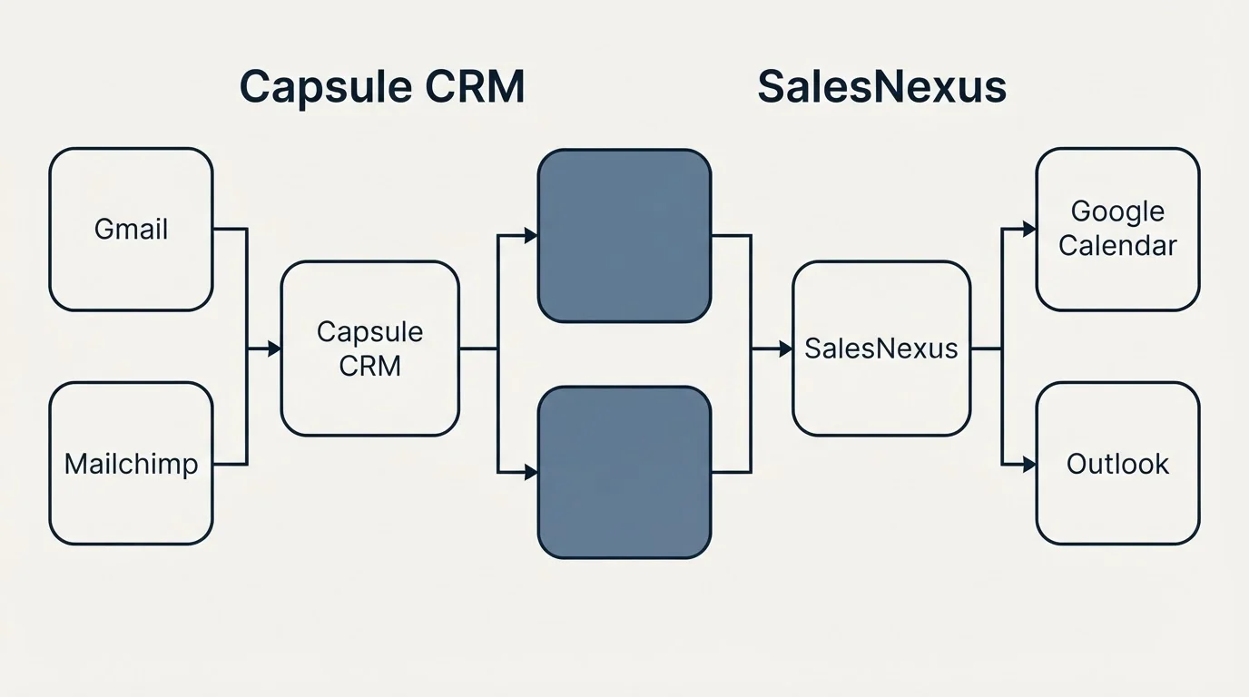 Integration schematic: Integration Ecosystem (Capsule CRM, SalesNexus, Gmail, Google Calendar)