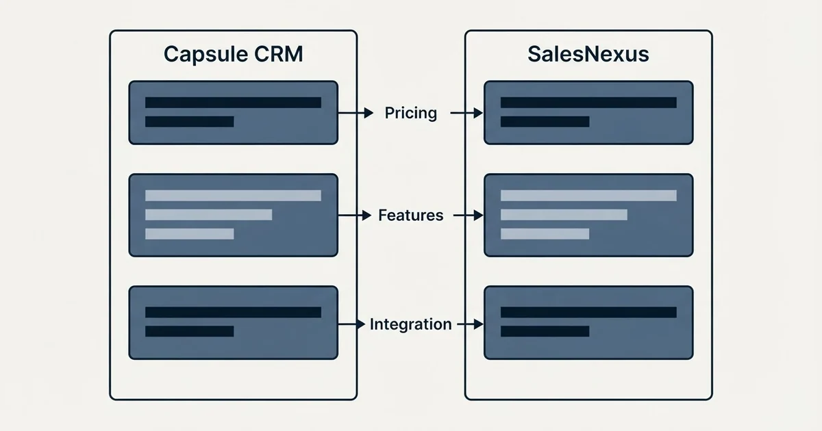 Comparison panel: Capsule CRM vs SalesNexus (Pricing, Features, Integration)