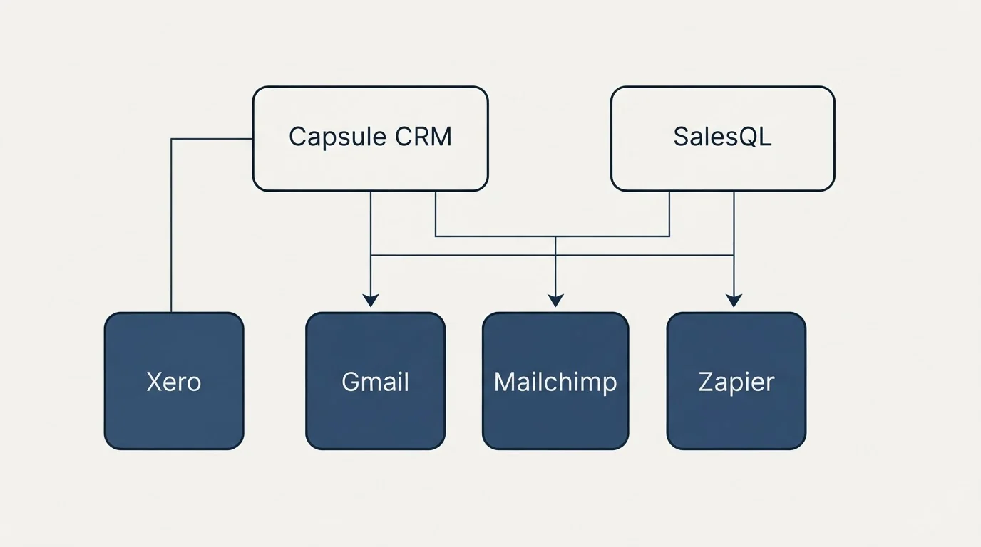Integration grid: Integration Ecosystem (Capsule CRM, SalesQL, Gmail, Mailchimp)