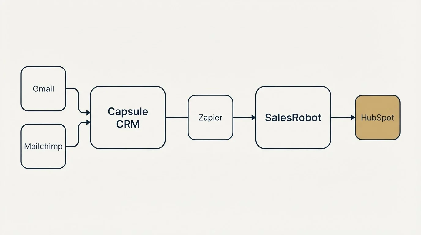 Integration schematic: Integration Ecosystem (Capsule CRM, SalesRobot, Zapier, Gmail)