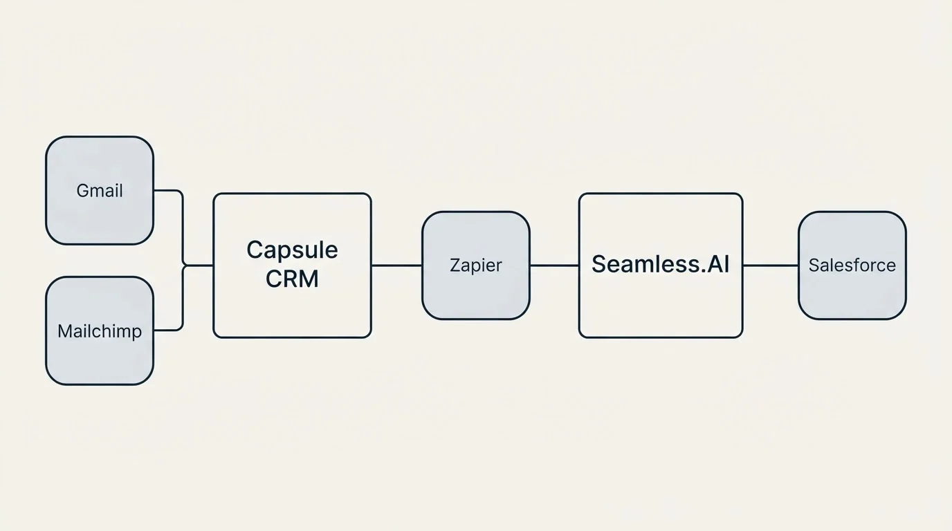Integration schematic: Integration Ecosystem (Capsule CRM, Seamless.AI, Zapier, Gmail)