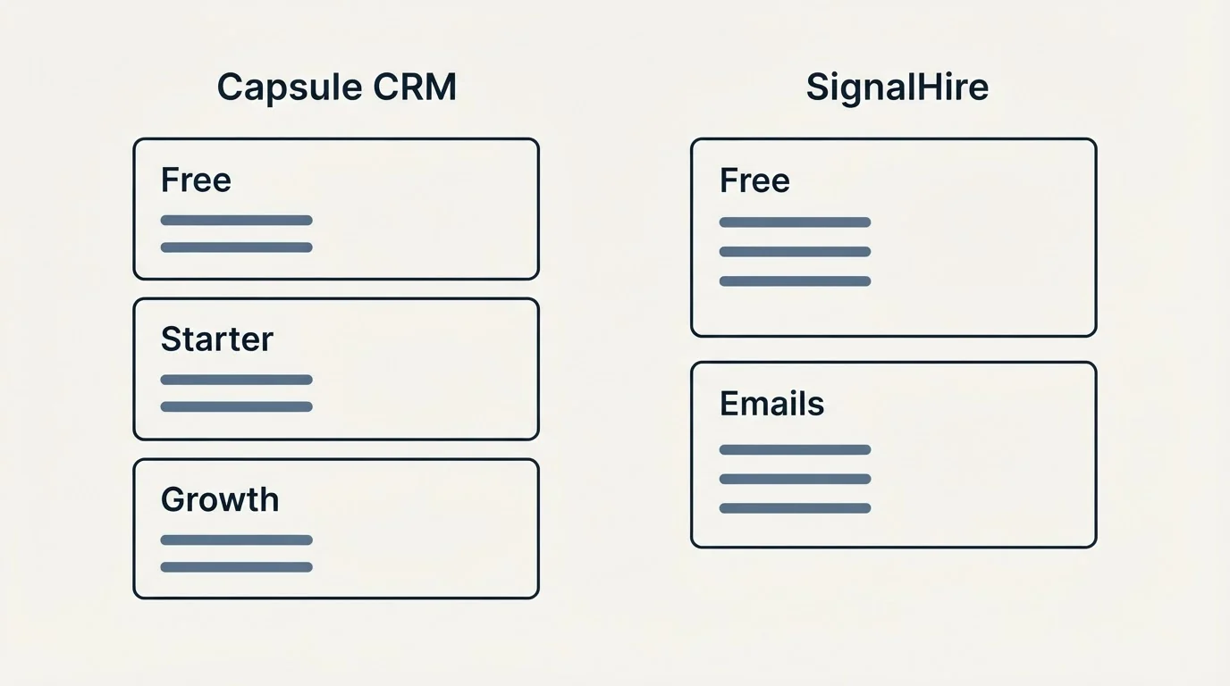 Pricing panels: Pricing Comparison (Capsule CRM, SignalHire, Free, Starter)