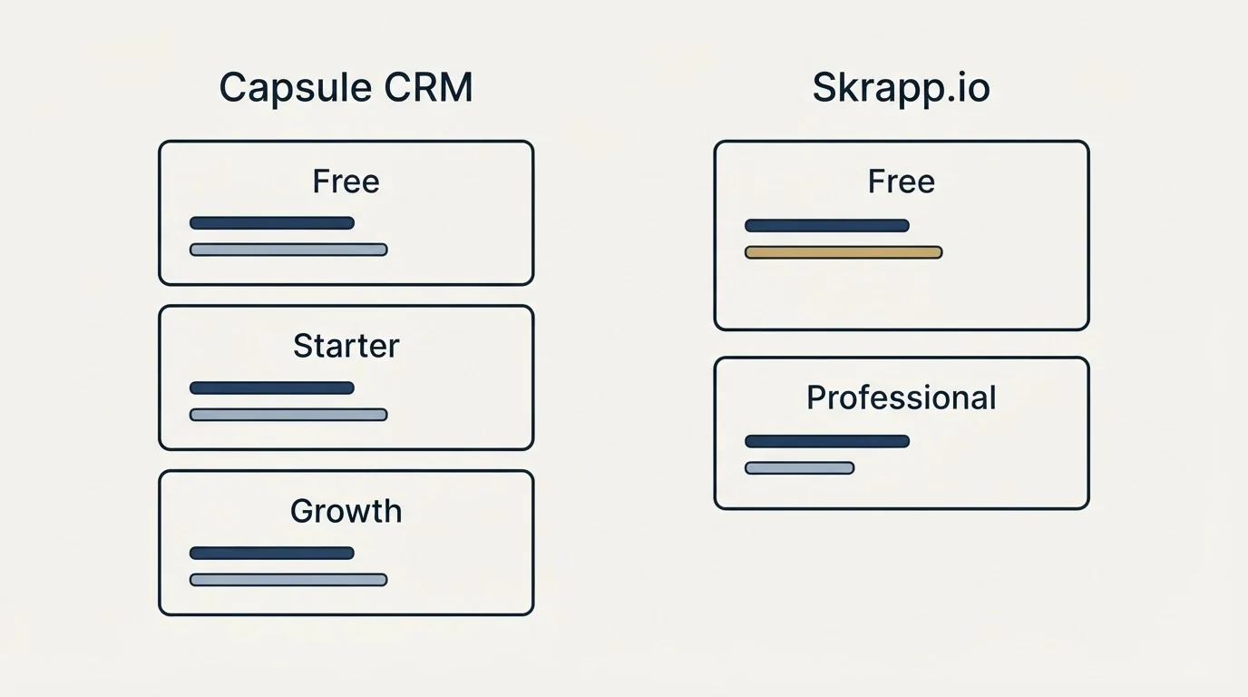 Pricing panels: Pricing Comparison (Capsule CRM, Skrapp.io, Free, Starter)