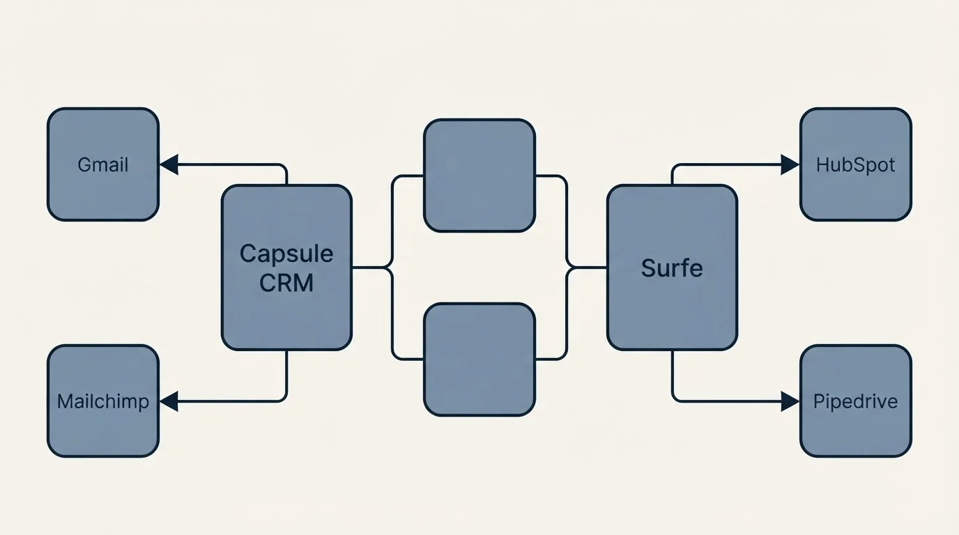 Integration schematic: Integration Ecosystem (Capsule CRM, Surfe, Gmail, HubSpot)