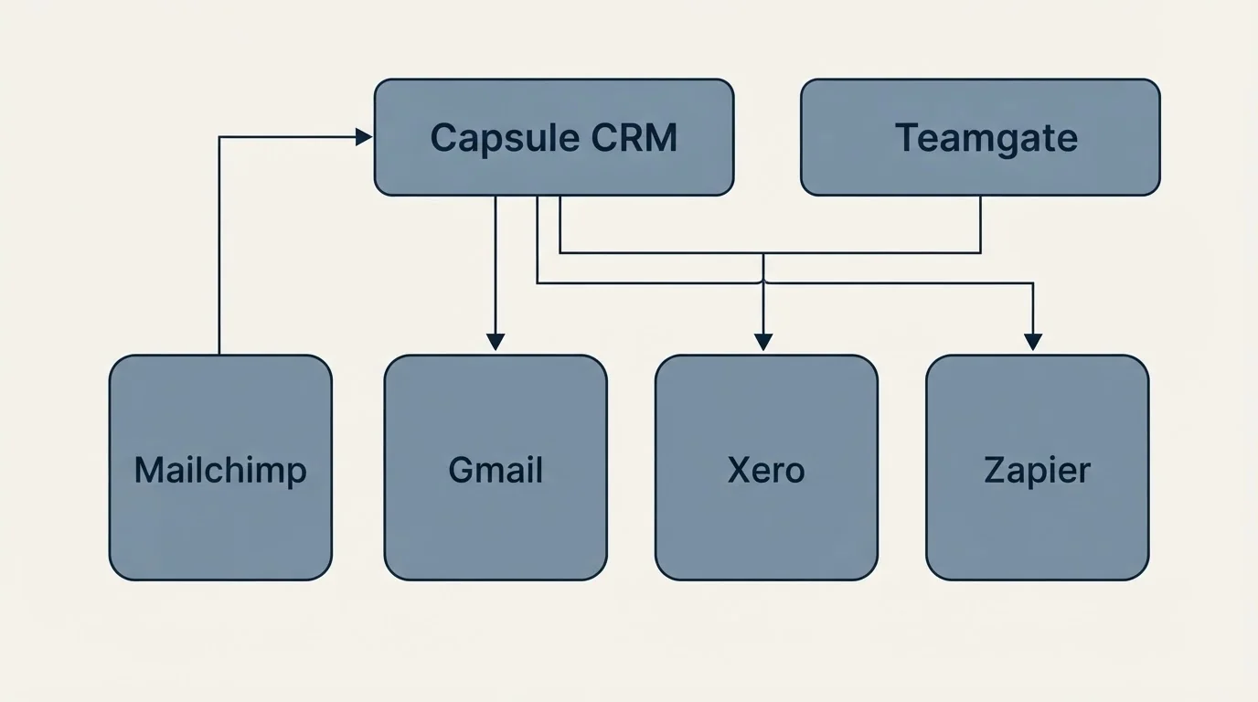 Integration grid: Integration Ecosystem (Capsule CRM, Teamgate, Gmail, Xero)
