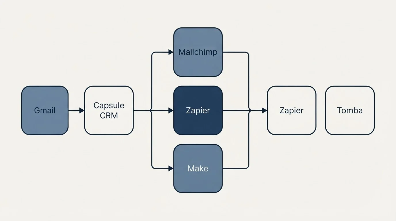 Integration flow: Integration Ecosystem (Capsule CRM, Tomba, Mailchimp, Zapier)