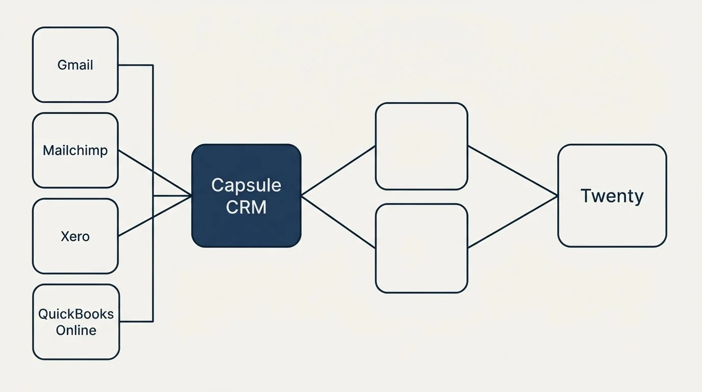 Integration schematic: Integration Ecosystem (Capsule CRM, Twenty, Gmail, Mailchimp)