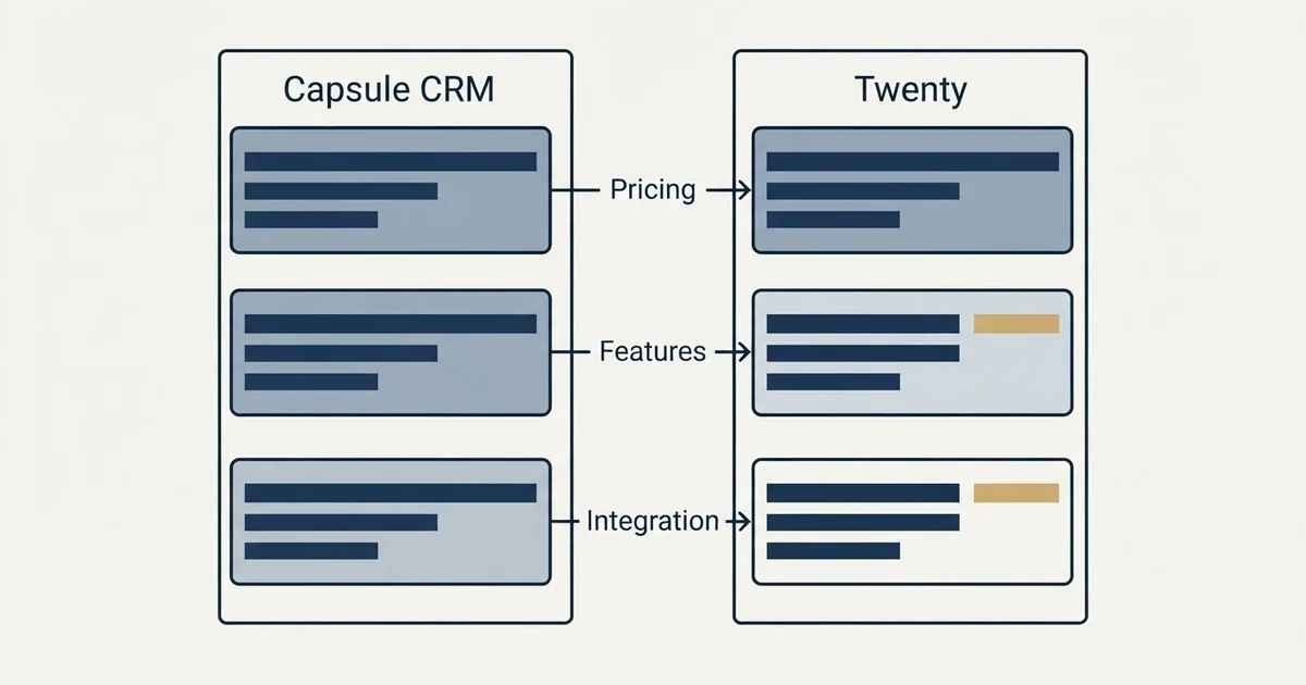 Comparison panel: Capsule CRM vs Twenty (Pricing, Features, Integration)