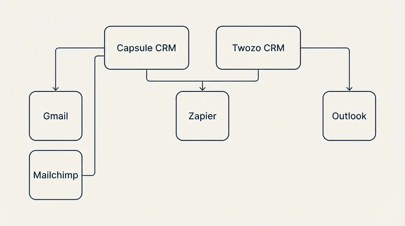Integration grid: Integration Ecosystem (Capsule CRM, Twozo CRM, Zapier, Gmail)
