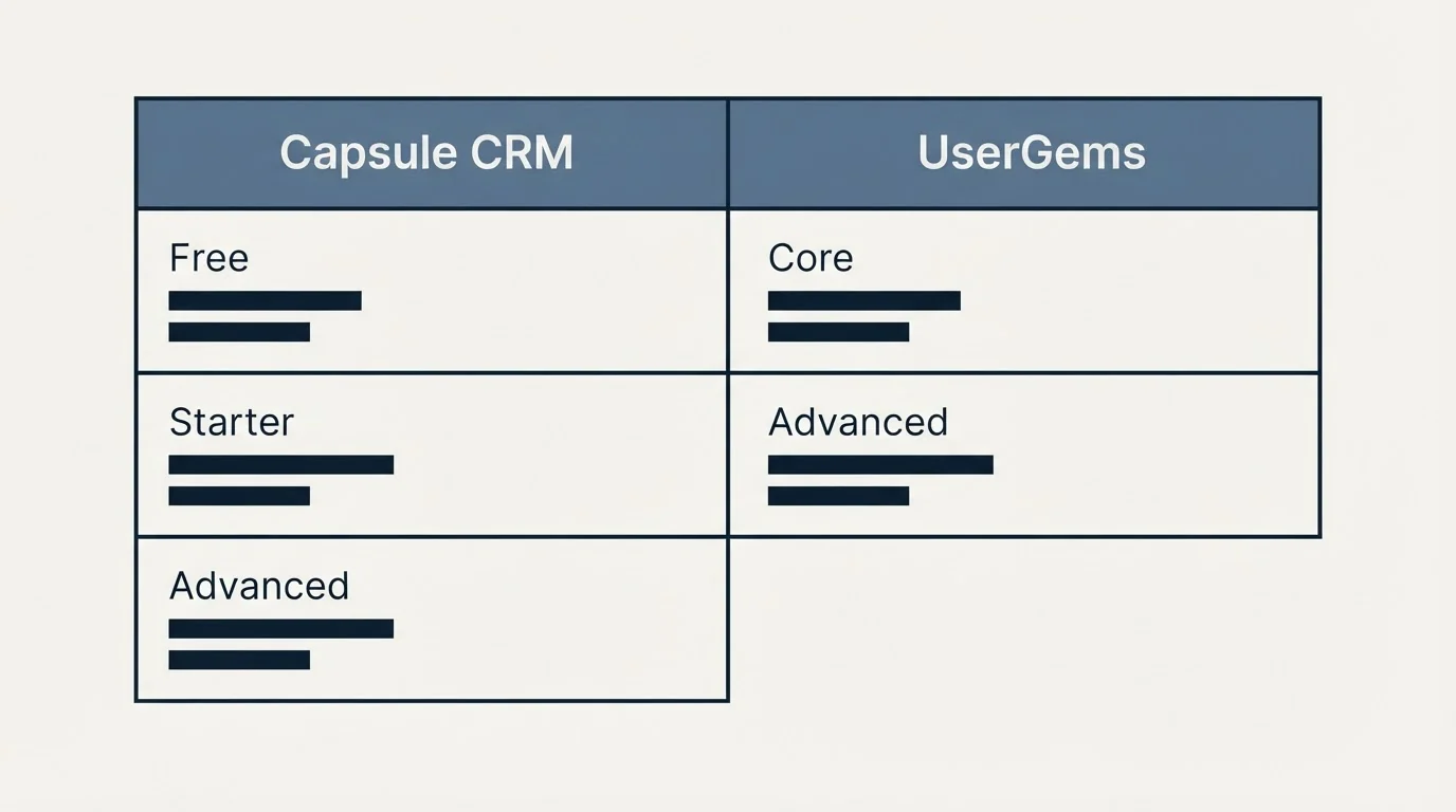 Pricing table: Pricing Comparison (Capsule CRM, UserGems, Free, Core)