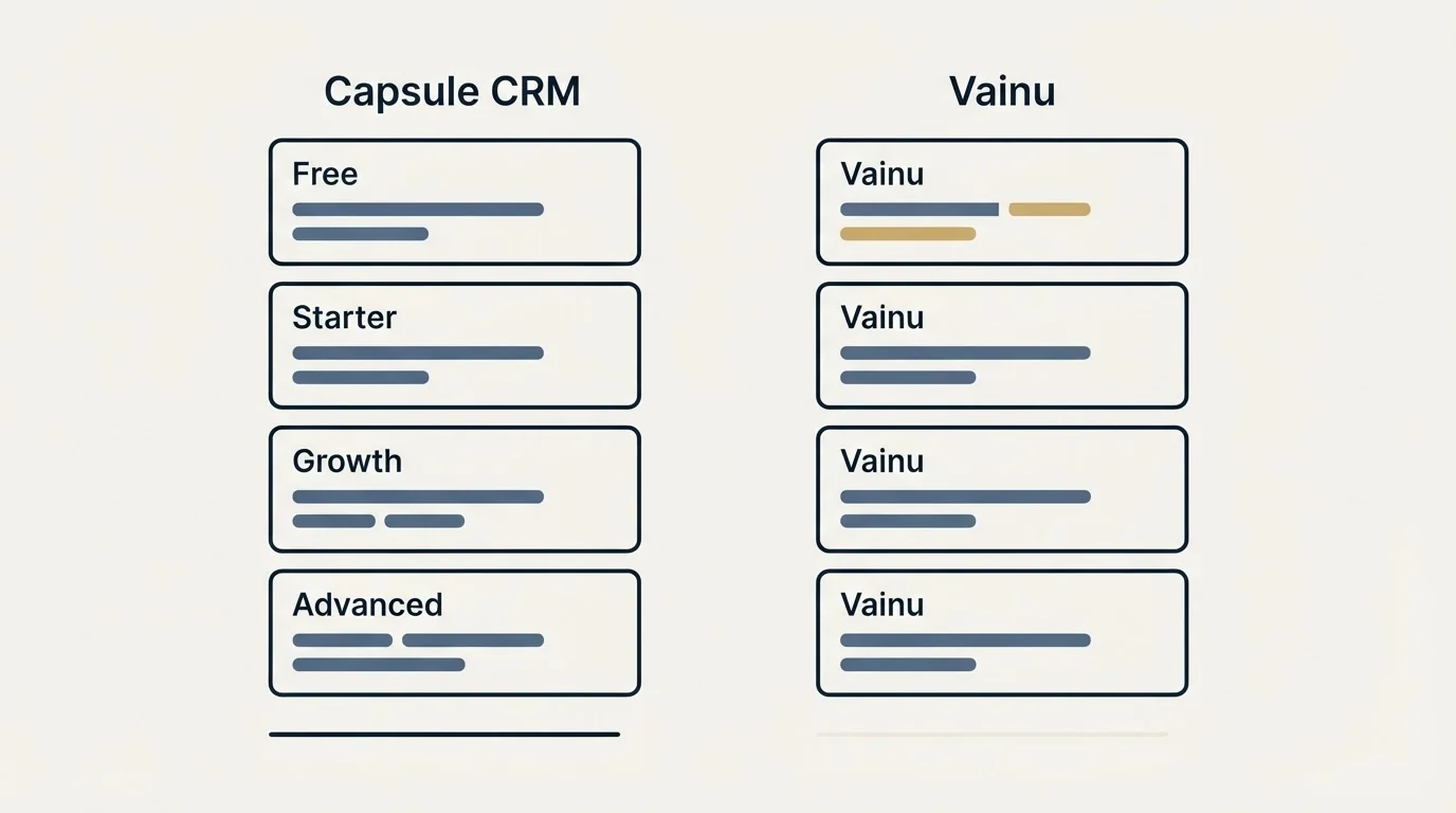 Pricing panels: Pricing Comparison (Capsule CRM, Vainu, Free, Starter)