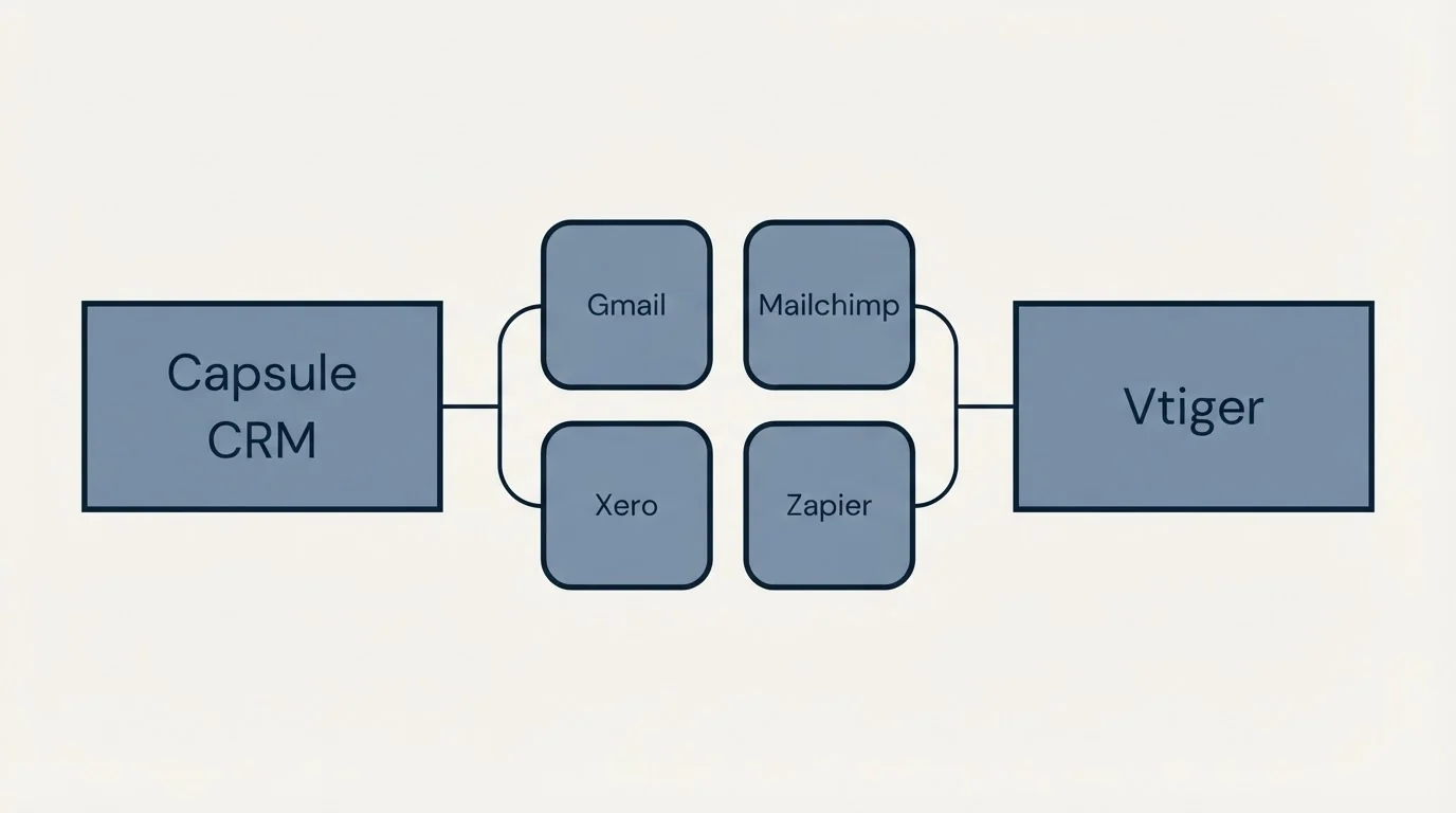 Integration schematic: Integration Ecosystem (Capsule CRM, Vtiger, Gmail, Mailchimp)