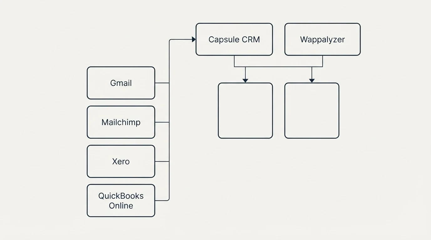 Integration grid: Integration Ecosystem (Capsule CRM, Wappalyzer, Gmail, Mailchimp)
