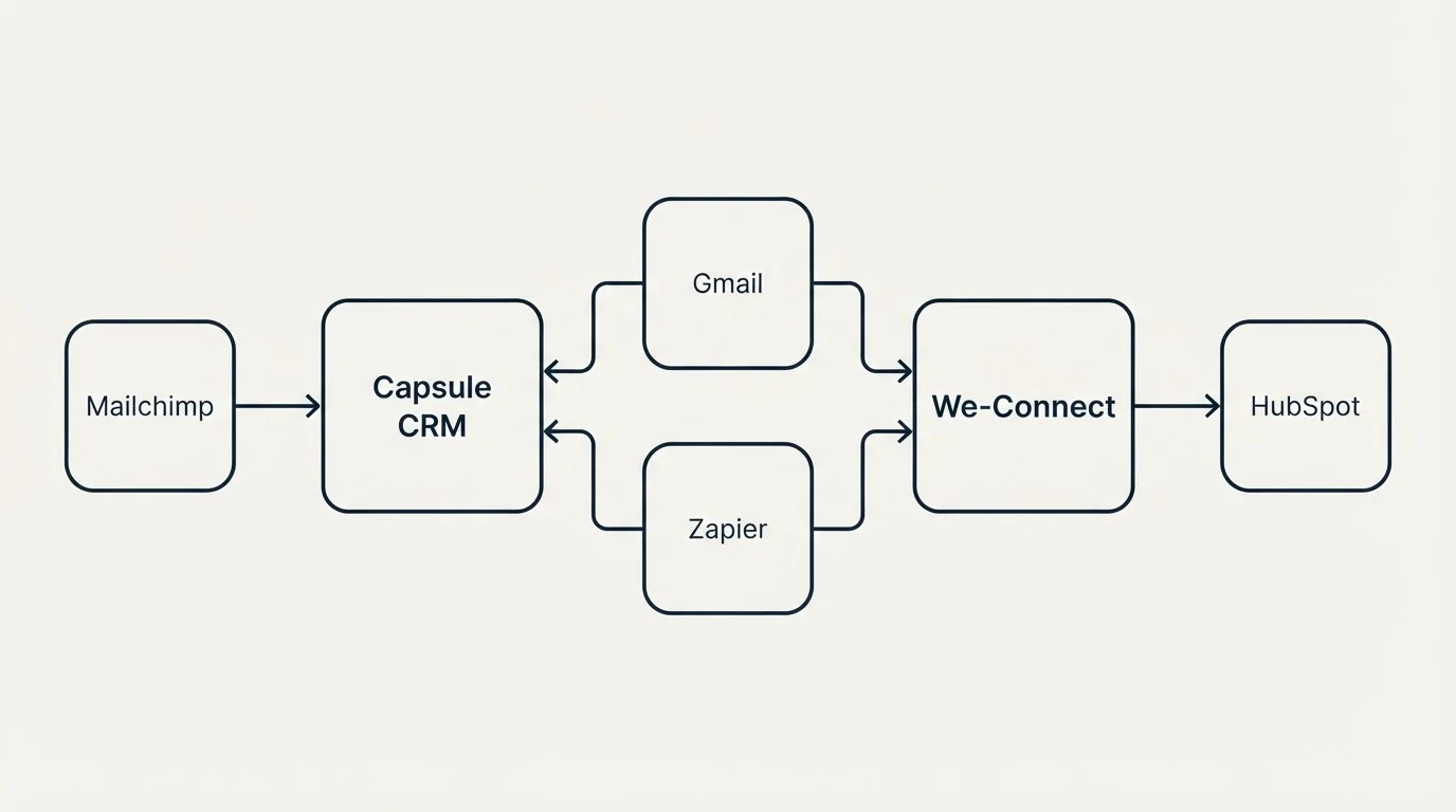 Integration schematic: Integration Ecosystem (Capsule CRM, We-Connect, Gmail, Zapier)