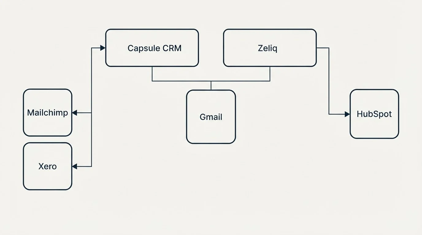 Integration grid: Integration Ecosystem (Capsule CRM, Zeliq, Gmail, Mailchimp)