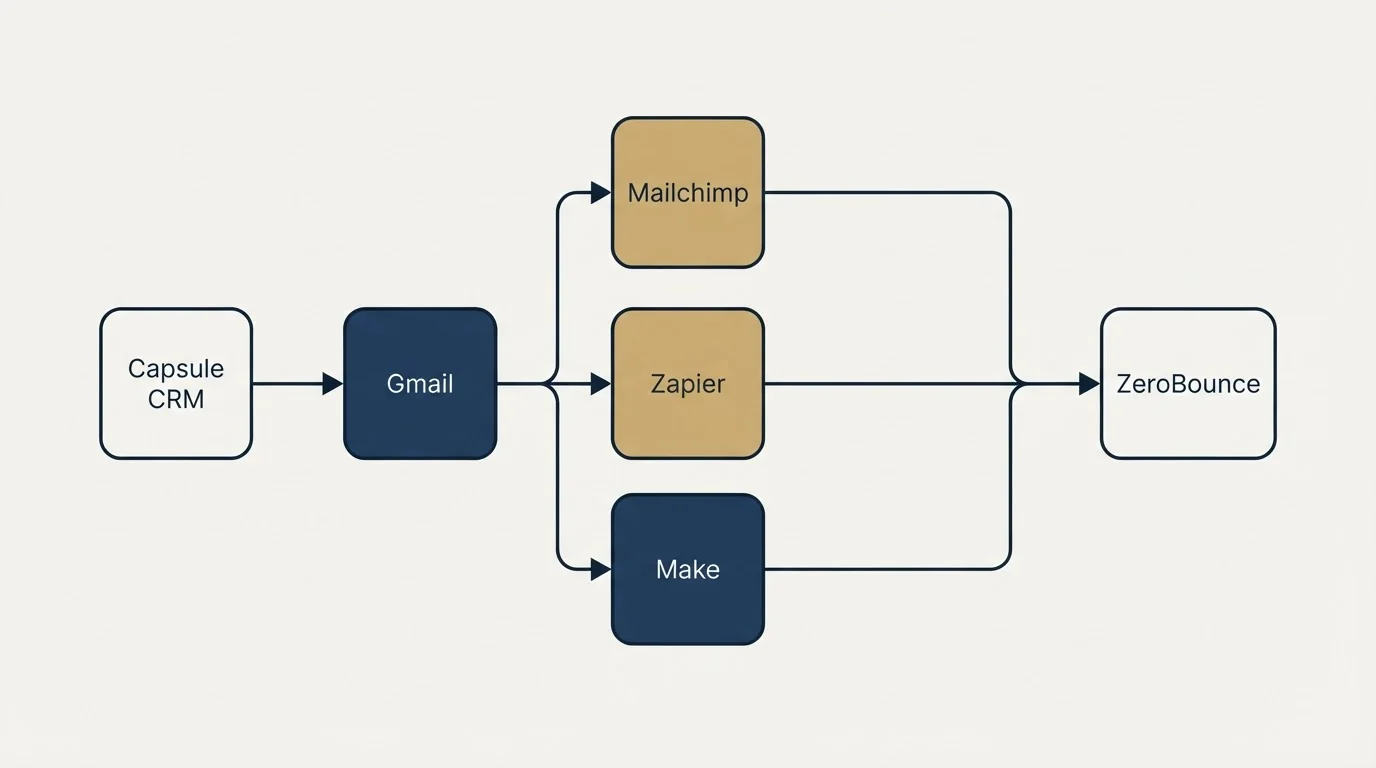 Integration flow: Integration Ecosystem (Capsule CRM, ZeroBounce, Mailchimp, Zapier)