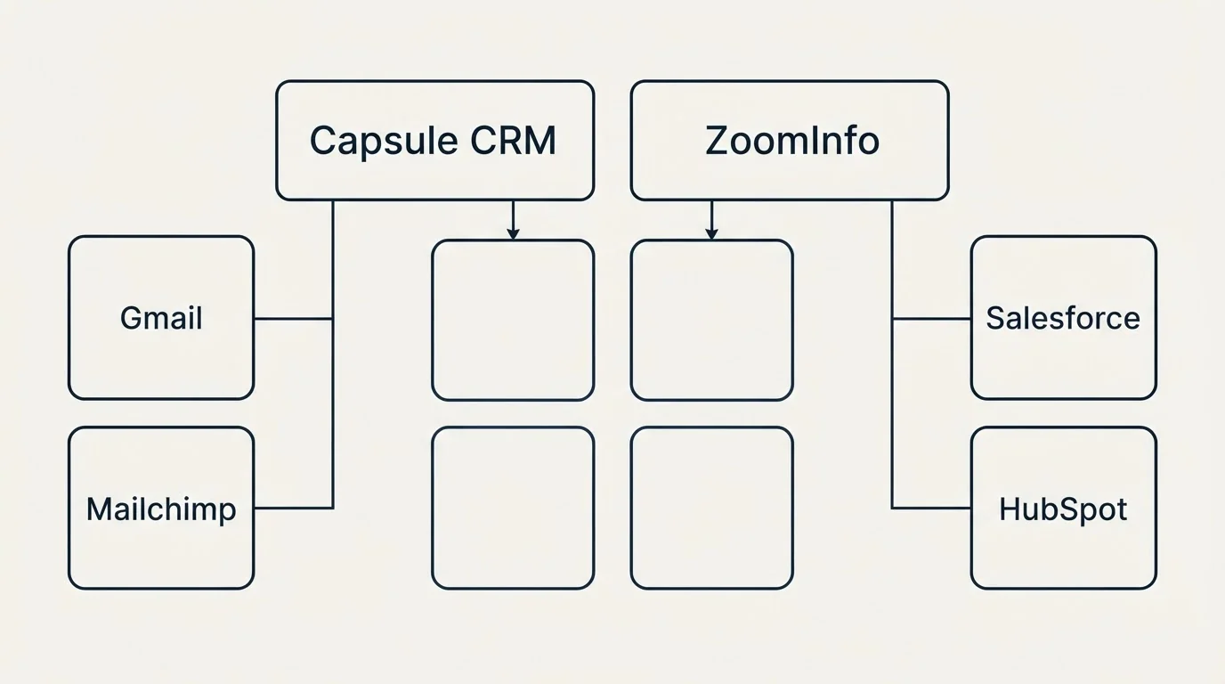 Integration grid: Integration Ecosystem (Capsule CRM, ZoomInfo, Gmail, Salesforce)