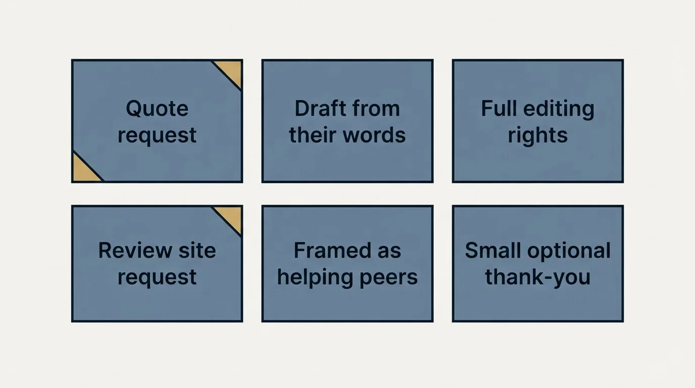 Schematic: Written Testimonial Request Templates (Quote request, Draft from their words, Full editing rights, Review site request)
