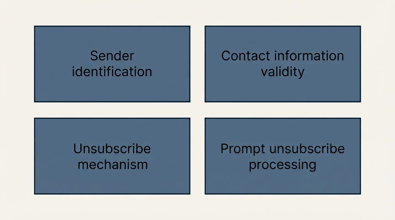 Schematic: Form and content requirements (Sender identification, Contact information validity, Unsubscribe mechanism, Prompt unsubscribe processing)