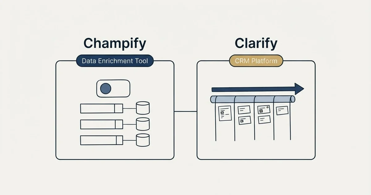 Side-by-side panels: Champify vs Clarify (Data Enrichment Tool, CRM Platform)