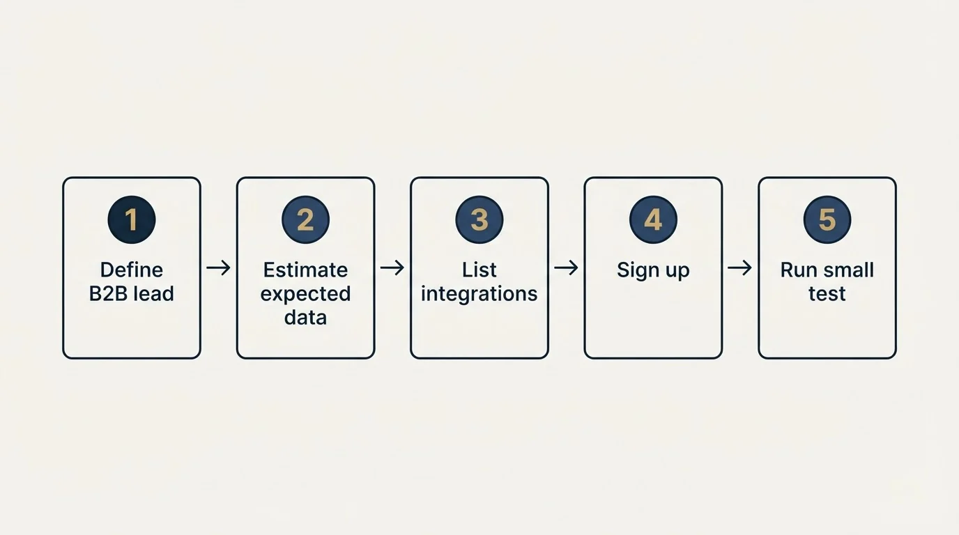 Step sequence: Getting Started Checklist (Define B2B lead, Estimate expected data, List integrations, Sign up)