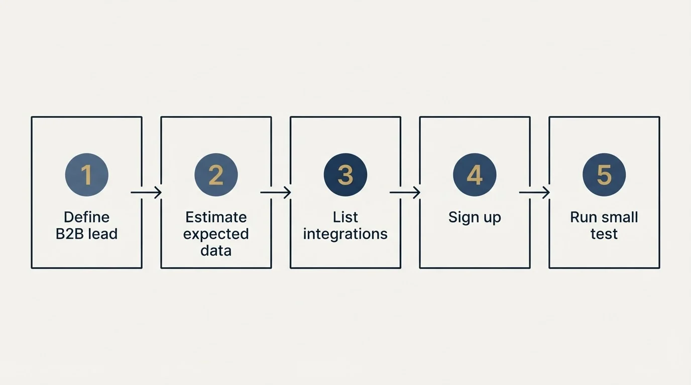 Step sequence: Getting Started Checklist (Define B2B lead, Estimate expected data, List integrations, Sign up)