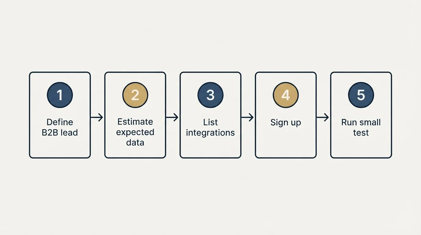 Step sequence: Getting Started Checklist (Define B2B lead, Estimate expected data, List integrations, Sign up)