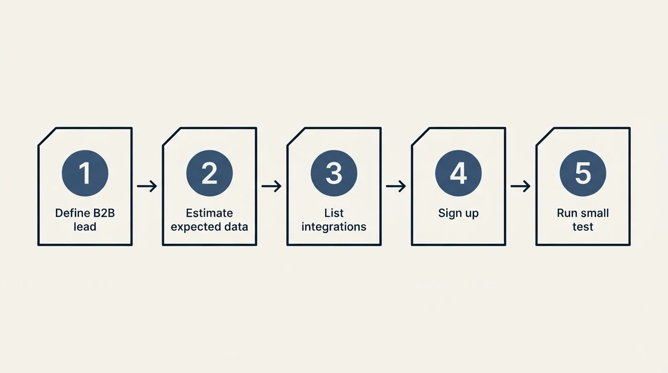 Step sequence: Getting Started Checklist (Define B2B lead, Estimate expected data, List integrations, Sign up)