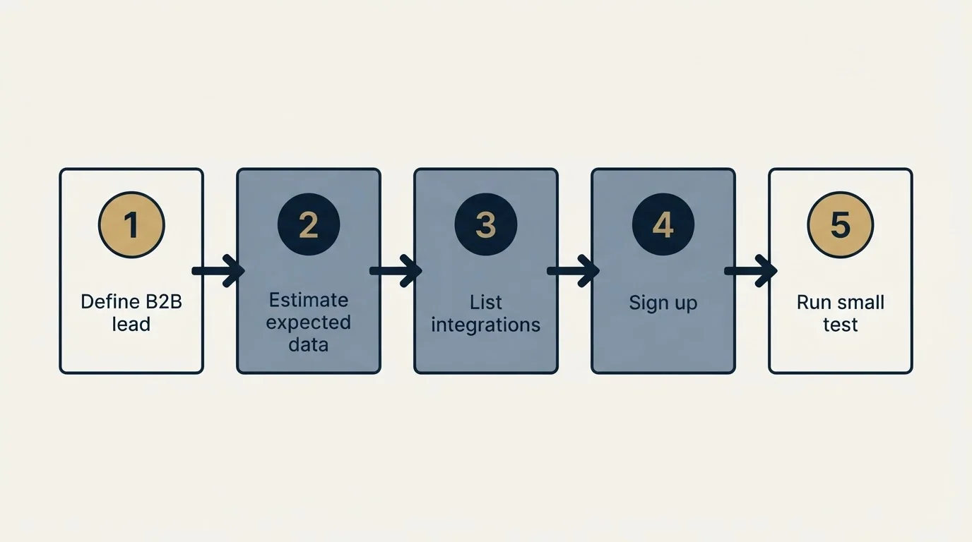 Step sequence: Getting Started Checklist (Define B2B lead, Estimate expected data, List integrations, Sign up)