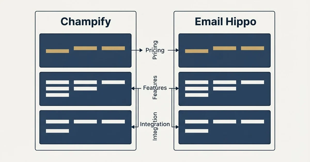 Comparison panel: Champify vs Email Hippo (Pricing, Features, Integration)