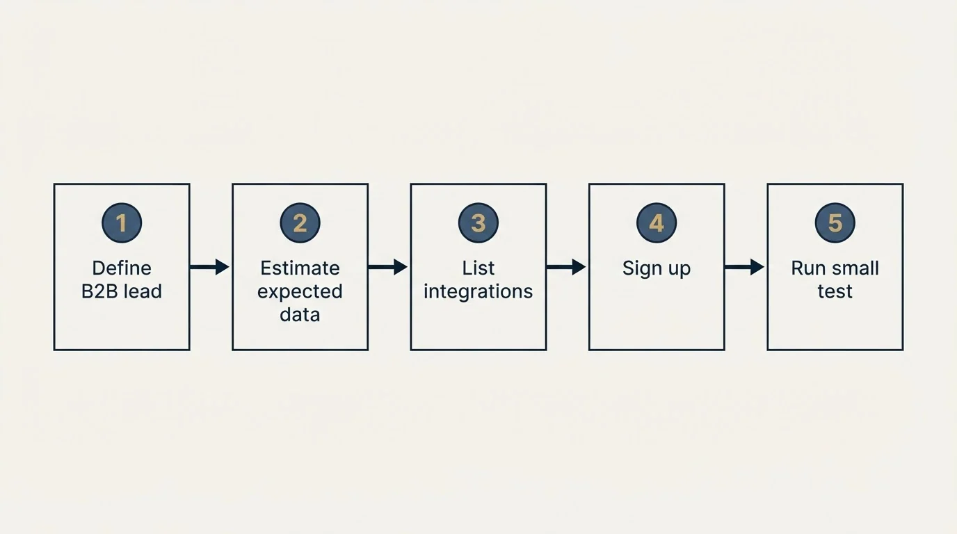 Step sequence: Getting Started Checklist (Define B2B lead, Estimate expected data, List integrations, Sign up)