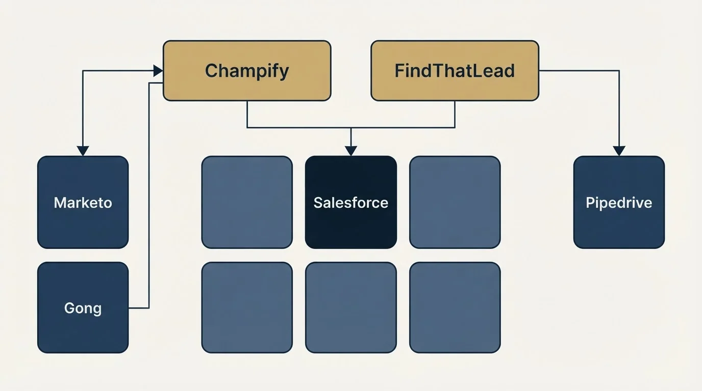 Integration grid: Integration Ecosystem (Champify, FindThatLead, Salesforce, Marketo)