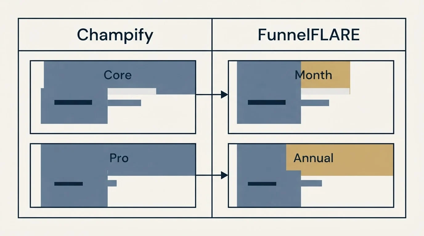 Pricing table: Pricing Comparison (Champify, FunnelFLARE, Core, Month)