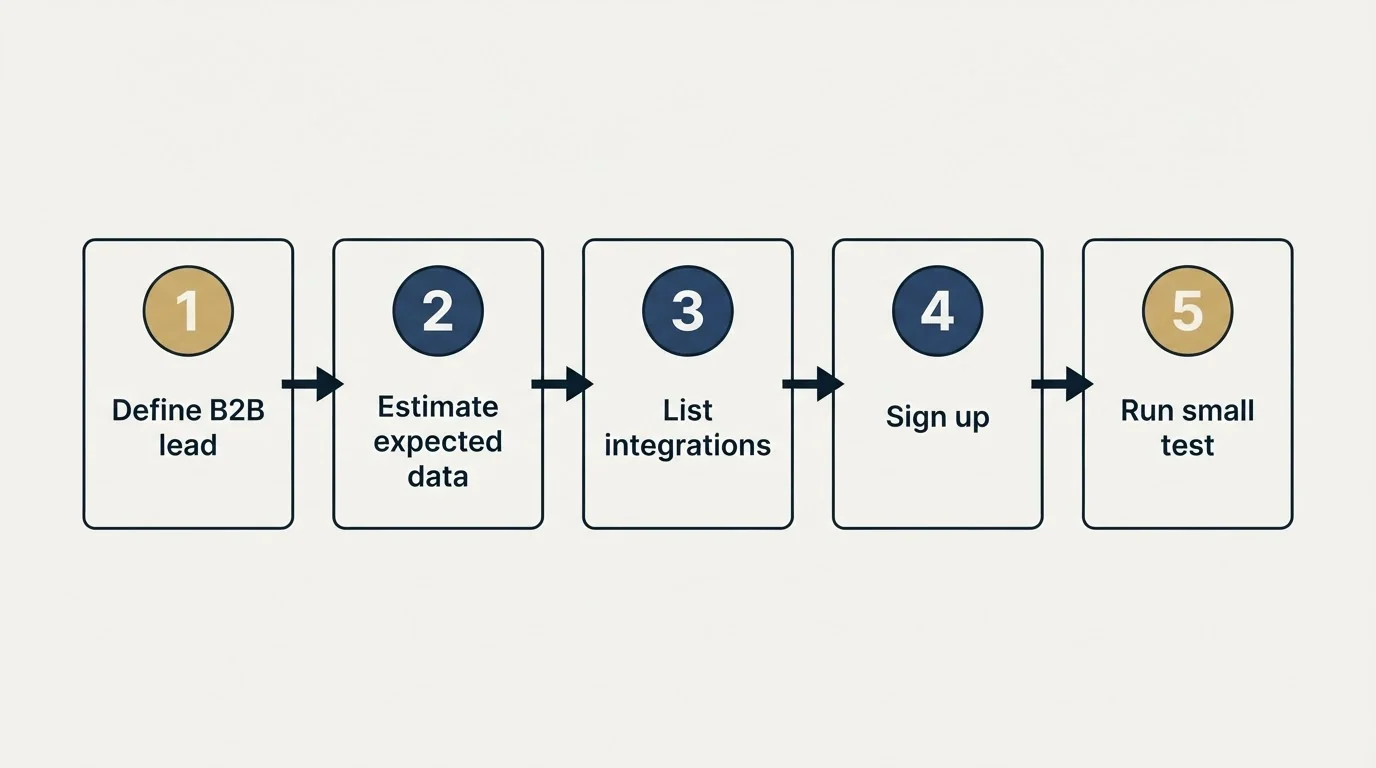 Step sequence: Getting Started Checklist (Define B2B lead, Estimate expected data, List integrations, Sign up)